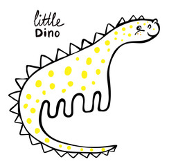 Cute little dinosaur on white background. Vector illustration. Perfect for greeting card, postcard, print, banner.