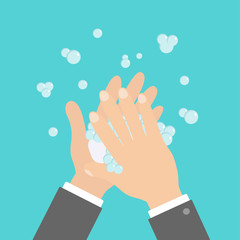 Wash hands with soap soap foam bubble. Cute cartoon businessman hand body part. Stop coronavirus COVID 19. Personal hygiene, disease preventio. Flat design. Isolated Blue background