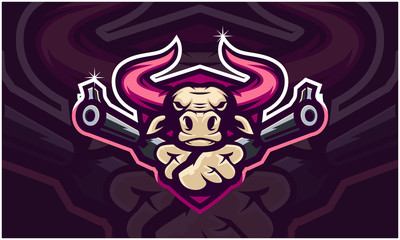 Bull head holding two gun, tactical team, Airsoft gun or Paintball club logo. Design element for company logo, label, emblem, apparel or other merchandise. Scalable and editable Vector illustration