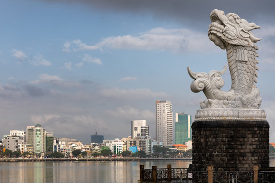 Carp Dragon Statue (Ca Chep Hoa Rong) on river bank in Da Nang
