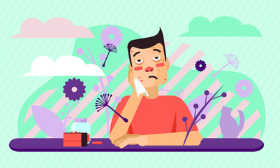 Sick allergic man. Unhappy character. Vector cartoon illustration. Man with handkerchief in hand. Season allergy. Seasonal illness