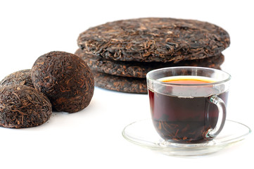 Strong Brewed Black Pu Erh Tea In Glass Cup. Traditional Chinese Raw Old Tea Pu-Erh.