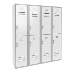Row of white two level gym lockers. 3d rendering illustration