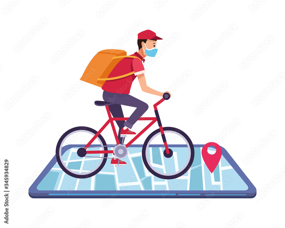 Poster smartphone with delivery application and worker in bicycle