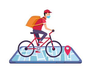 Fototapeta premium smartphone with delivery application and worker in bicycle