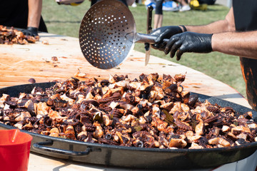 Octopus small chopped bites, street food festival. Seafood festival.