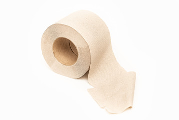 Roll of beige toilet paper on a white background, isolated
