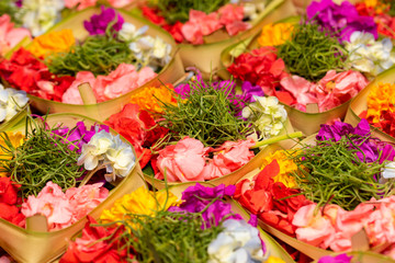 Close up of the traditional Balinese Hindu offering canang in Bali
