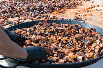 Octopus small chopped bites, street food festival. Seafood festival.