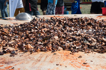 Octopus small chopped bites, street food festival. Seafood festival.