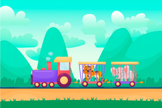 Summer cartoon landscape with animals riding raiway train. Circus animals transportation. Cute and beautiful vector landscape.