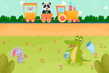 Summer cartoon landscape with animals riding raiway train. Cute and beautiful vector landscape.
