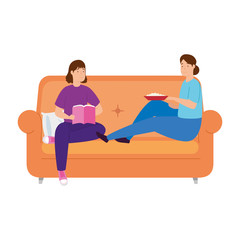 Obraz premium young women couple stay at home in sofa vector illustration design