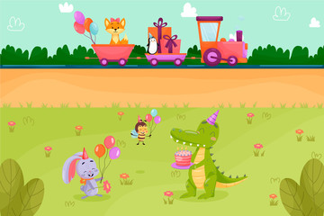Fototapeta premium Funny animal happy birthday greeting card. Animals are going on train to birthday party. Alligator, rabbit, fox and penguin are celebrating on the field.