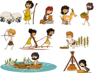Group of cartoon neolithic people working. Prehistoric people. - obrazy, fototapety, plakaty