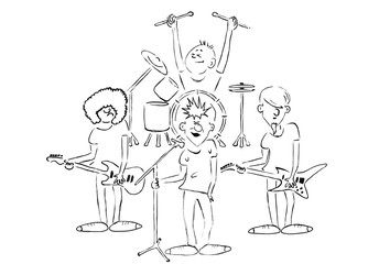 Drawn cartoon punk rockers. Black and white drawing in pencil