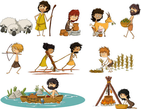 Group of cartoon neolithic people working. Prehistoric people.