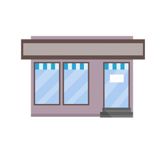 Small shop. Store with red and white roof. Food trade and coffee shop. Facade of the house with showcase. Cartoon flat illustration. Town and city. Element of urban landscape