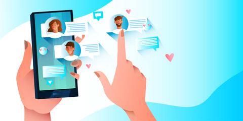 Online chat concept with smartphone, female hands, user avatars, messages. Social network banner in blue colors. SMM background with male and female characters and copy space.