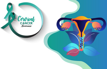 Cervical Cancer Awareness green paper cut butterfly web banner for support and health care. Template for Infographics or Websites Magazines. Flat Cancer Awareness Month. Vector illustration.