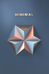 3d image of geometrical origami shapes, triangles and pyramids forming a colorful ornament pattern in blue, blush pink and bronze colors with a bronze text in front of blue background