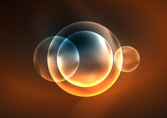 Glowing neon shiny transparent bubbles, glass circles or bio cell concept. Techno futuristic vector abstract background For Wallpaper, Banner, Background, Card, Book Illustration, landing page
