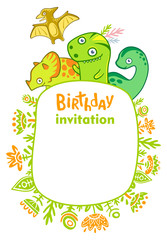 Birthday invitation for children. Cartoon dinosaurs and flower frame, flat bright illustration for card. Cute dino party.