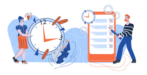 Business people professional team works together at clock and timetable backdrop. Developing, support and solving business task. Teamwork and time management cartoon vector illustration isolated.