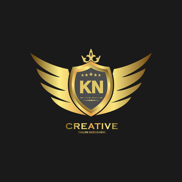 Abstract letter KN shield logo design template. Premium nominal monogram business sign.