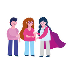 thanks you doctors, nurse with boy and girl vaccination band aid in arms