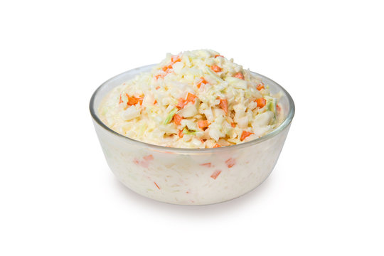 Coleslaw salad in glass bowl on white background, isolated, clipping path included