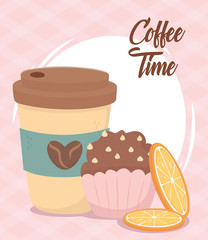 coffee time, takeaway cup cupcake and slices orange fresh beverage