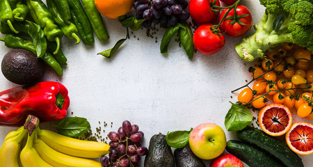 banner of Fresh vegetables and fruits on a white kitchen table. Background for supermarkets, fresh food stores, delivery.