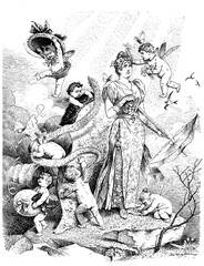 Fototapeta na wymiar Humor and caricatures 19th century: a flock of Cupid putti fly around a young lady and help dressing with flower decorations and luxury outfits