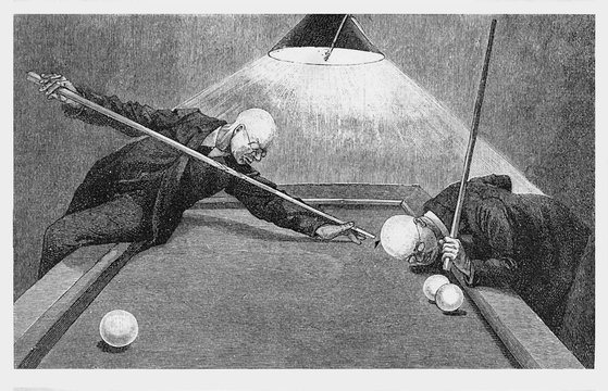 humor and caricatures 19th century: oops! don't mistake the bald head of your friend aiming for the cue ball
