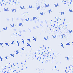 Flock of crane, ducks and sparrow birds. Vector silhouette image.
