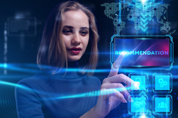 Business, Technology, Internet and network concept. Young businessman working on a virtual screen of the future and sees the inscription: Recommendation