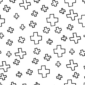 Seamless medical pattern. Outline black crosses isolated on a white background. Vector picture with pharmaceutical hand-drawn elements. Illustration for wallpaper, web, wrapping paper, textile, poster