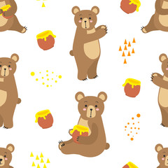 Cute cartoon bears. Seamless pattern. Flat vector illustration isolated on white background.