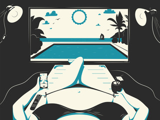 A man lies in front of the TV imagining what lies on the beach. Rest during quarantine. Retro style. - 345945404