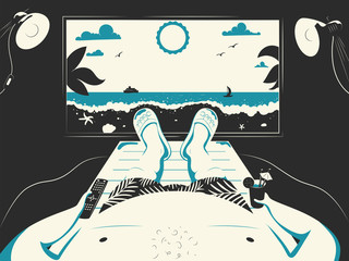 A man lies in front of the TV imagining what lies on the beach. Rest during quarantine. Retro style. - 345945413
