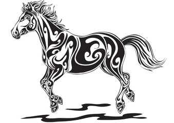 stylized horse in black gallops, isolated object on a white background, vector illustration,