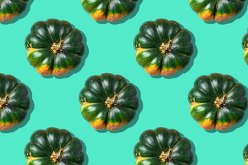 Pumpkin pattern on trendy green background. Top view. Copy space. Autumn harvest concept. Creative design, minimal flat lay concept. Vegan and vegetarian food
