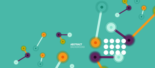 Flat style geometric abstract background, round dots or circle connections on color background. Technology network concept.