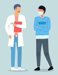 Patient talking with doctor holding folder with anamnesis in hands. Coronavirus pandemic. Man wearing protective facial mask with health specialist. Flat vector illustration with cartoon characters