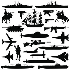 Collection of military silhouettes. Vector illustration.