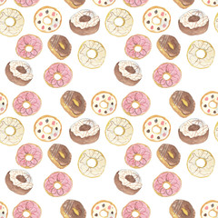 Watercolor hand drawn seamless pattern of doughnut on white background, can be use for wallpaper or  shop decorate.