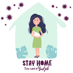 mother with newborn baby at home. Vector illustration in flat style. You can use this for coronavirus concept. Stay home to avoid the spread of coronavirus Covid-19