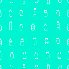 Seamless pharmaceutical pattern. Outline white medicine bottles isolated on blue background. Packages with Medicines, vaccines, vitamins, antibiotics, painkillers. Vector medical stock Illustration