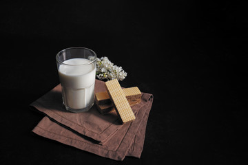 Glass of fresh organic milk and crispy wafers on black background. Copy space.
